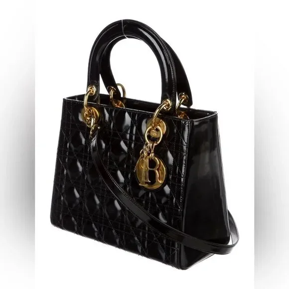 Christian Dior Vintage Medium Lady Dior Black Patent Cannage Bag Gold Hardware - Picture 9 of 14